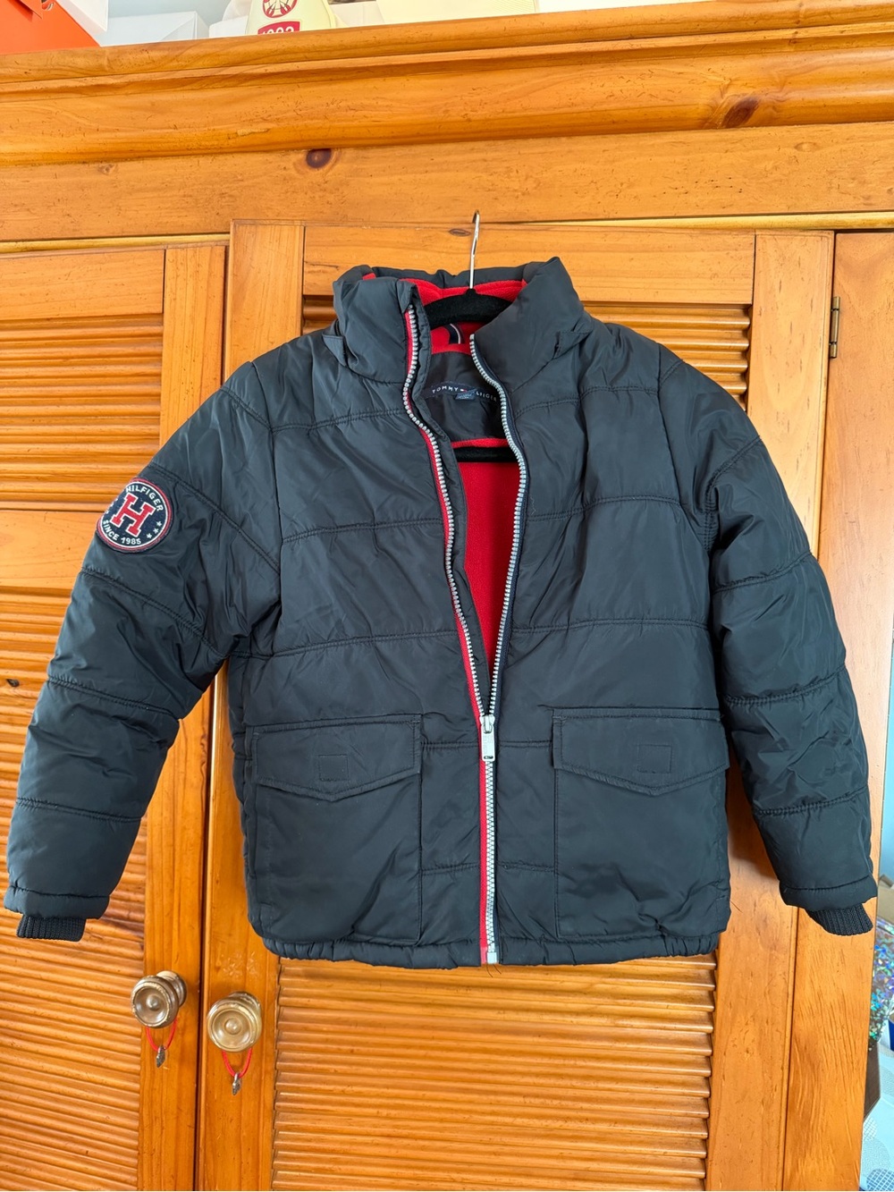 Tommy Hilfiger Kids Black Puffer Jacket with Red Fleece Lining